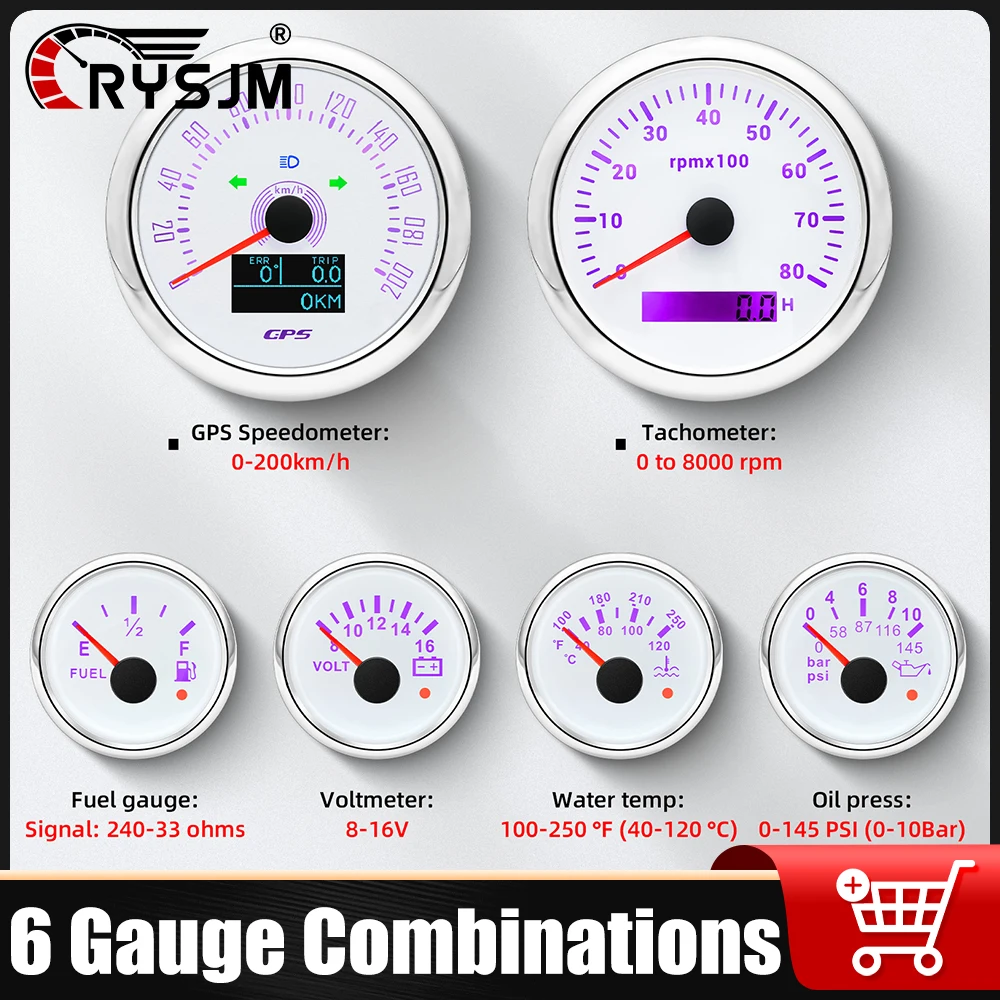 

6 Gauge Set GPS Speedometer Gauge Tachometer Water Temp Oil Pressure Fuel Level Voltmeter Accessories Combination with Sensor