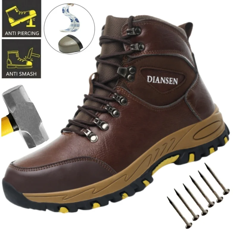 

Waterproof Leather Safety Shoes Men Anti-smash Anti-puncture Work Shoes Fashion Men Sport Shoes Security Protective Boots