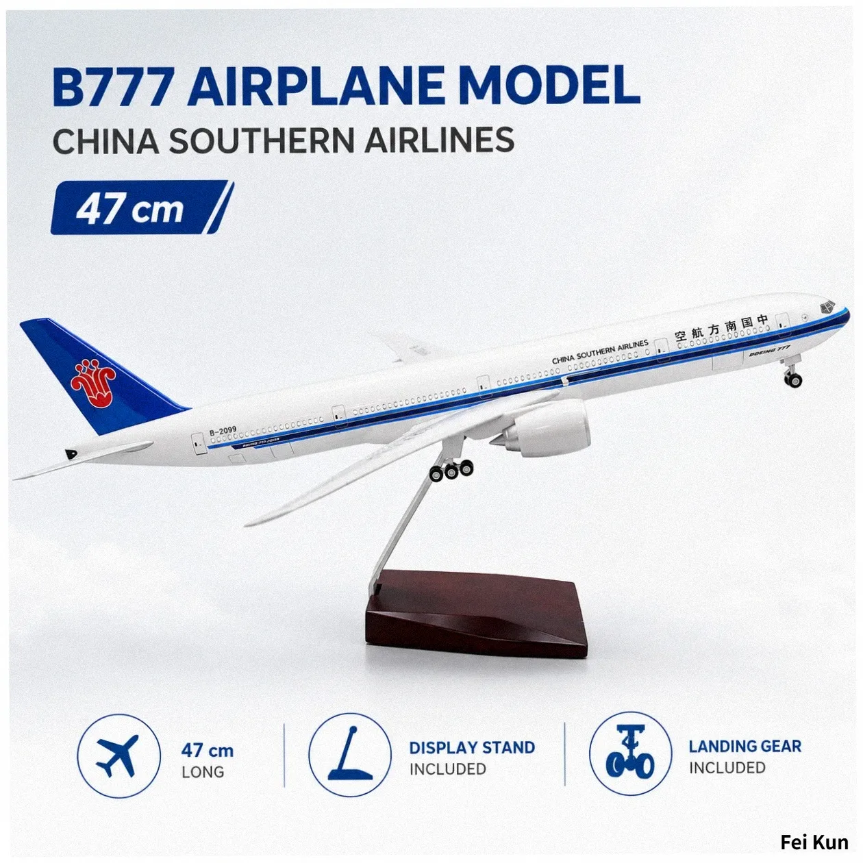China Southern Airlines B777 47cm Die-Cast Resin Aircraft Model 18.5 inches with Stand and Landing Gear—Model Display Piece