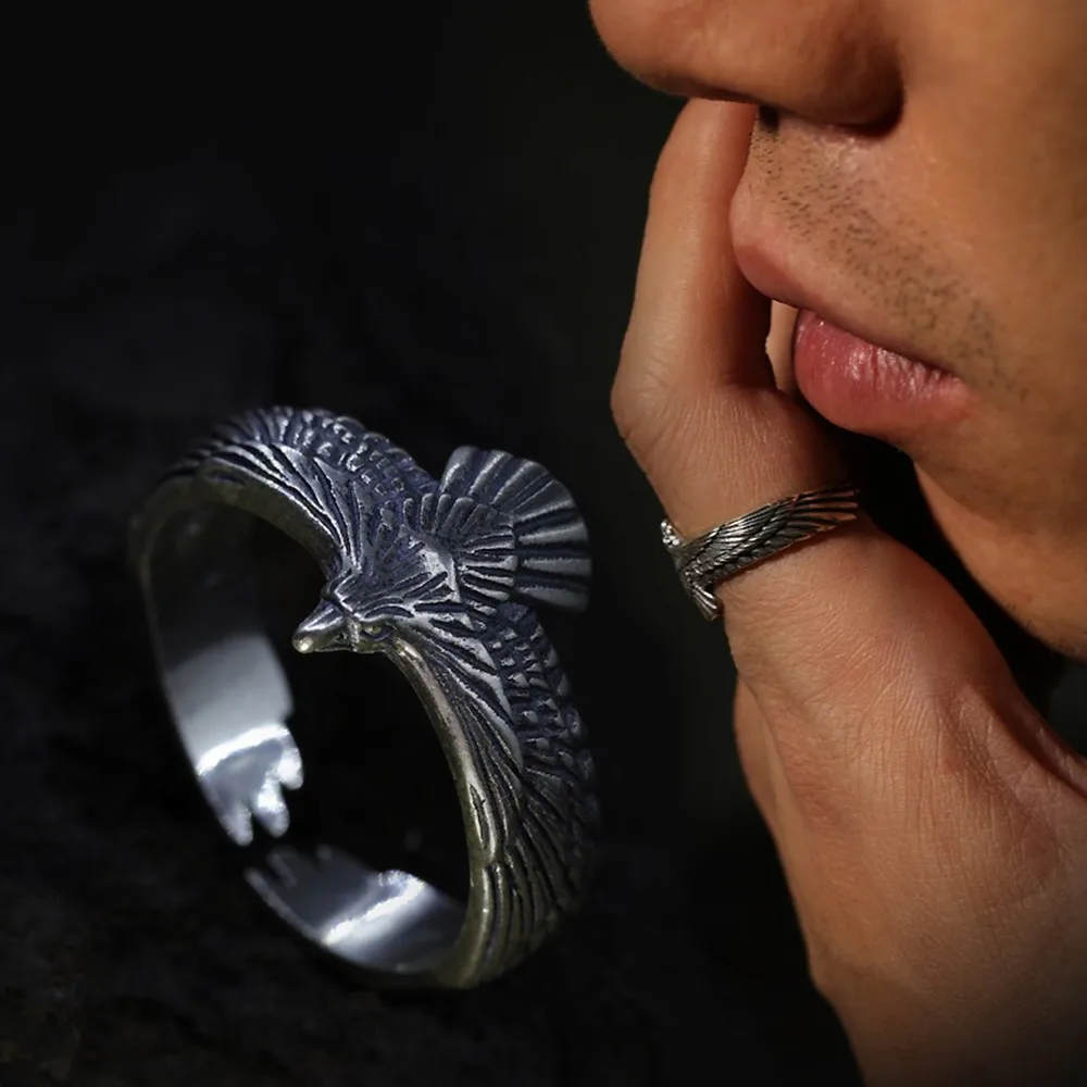

Buyee 925 Sterling Silver Male Ring Finger Elegant Gray Eagle Open Ring for Men Fashion Rock Punk Fine Jewelry Circle