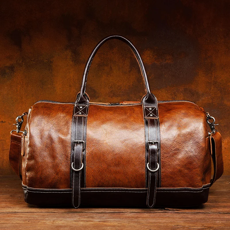 Retro handmade travel bag vegetable tanned cowhide fitness bag business travel hand luggage leisure tide men's bag