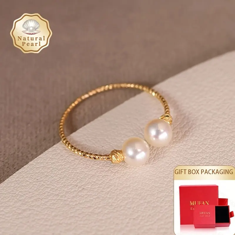 

Mufan Jewelry White Natural Seawater Akoya Pearl Ring 5mm Approximate Open Design Gift for Her Valentine's Day Gift in Gift Box