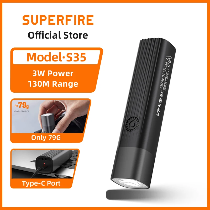 SUPERFIRE S35 3W Super Bright Flashlight Small Torch Waterproof Edc Rechargeable Battery Outdoor Camping Fishing Bicycle Light