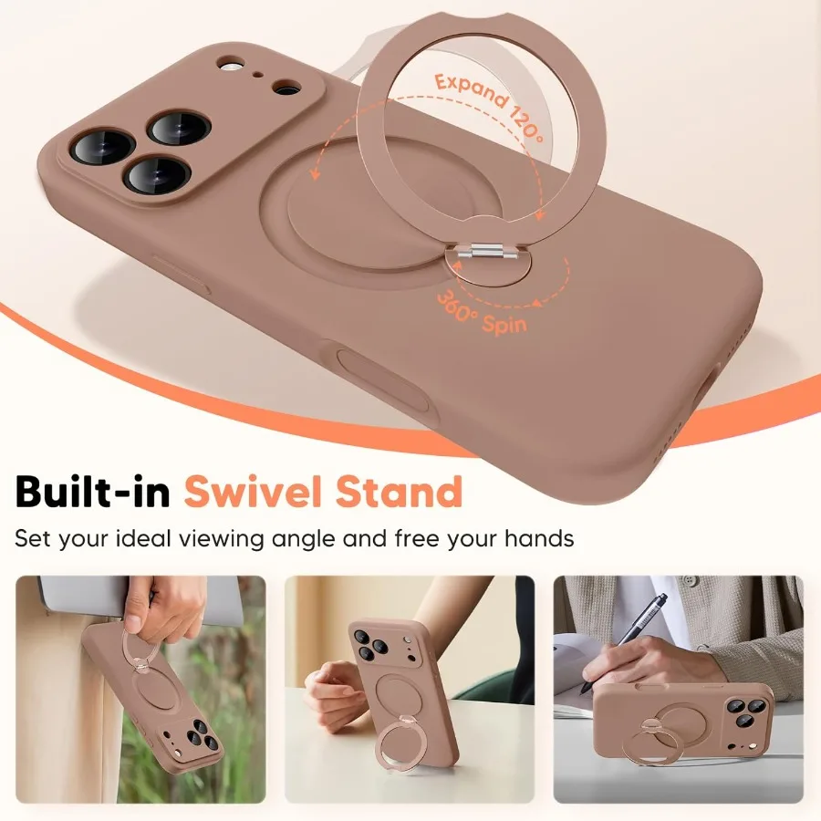 Custodia con supporto magnetico marrone 360 Spin per iPhone 17 Pro Max 6,9'' con protezione completa della fotocamera e design in silicone liquido antiurto