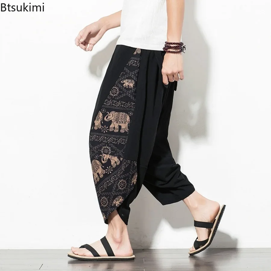 2025 Men's Summer Casual Hipster Cotton Linen Harem Pants Chinese Style Printed Calf-length Pants Men Streetwear Pants Oversized