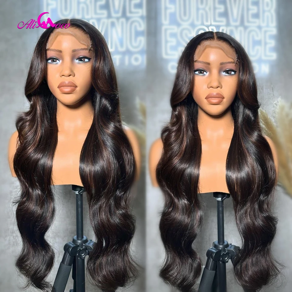 Highlight Dark Brown 34 36 Inch Long Length Body Wave Transparent Lace 200 Density Highlighs Lace Front Wig Human Hair For Women