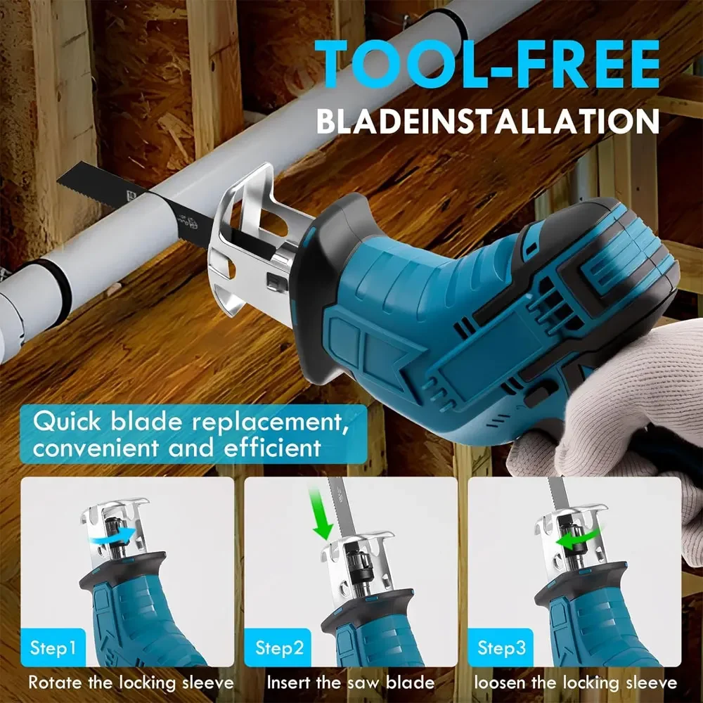 18V battery reciprocating saw mini electric saw for wood/metal/PVC cutting with 4 blades for hand saw woodworking (No battery)