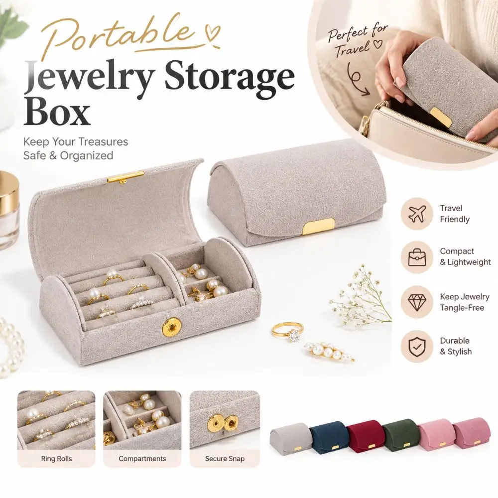 Flannel Jewelry Storage Box Snap Closure Soft Lining Ring Organizer Box Portable Compartment Interior Earring Storage Box