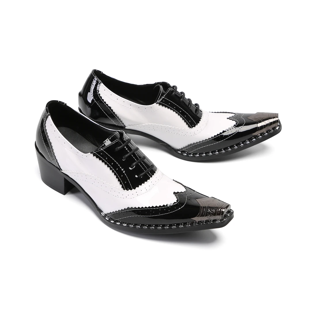 

Fashion Retro Two Tone Brogue Leather Oxford Shoes Men Black White Patent Pointed Toe Lace Up Formal Business Footwear