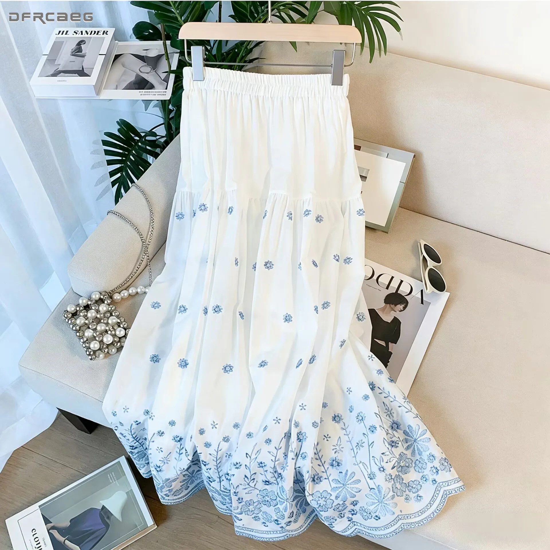 

Vacation Style Embroidered Floral Midi Beach Skirt For Women Elastic Waisted Casual Boho Loose A-Line Long Skirts