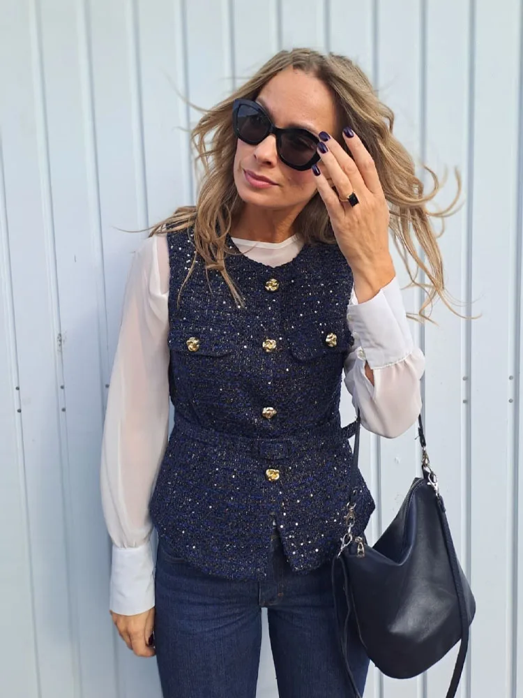 HH Women Fashion O-Neck Sleeveless Texture Vest Top Female Chic Button Pockets Decoration Casual Slim Waistcoat Top Mujer
