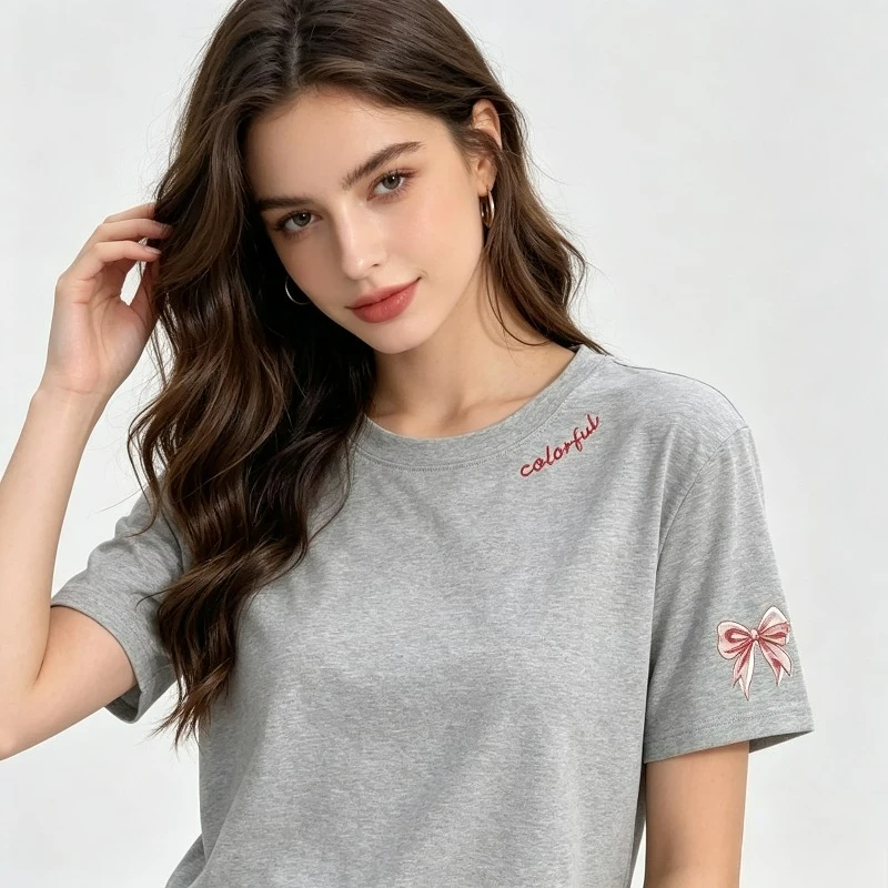 colorful Small Red Bow Sleeve Graphic T-Shirt 100% Cotton Cute Minimal Print Tee Women Casual Daily Holiday Party vintage Tops