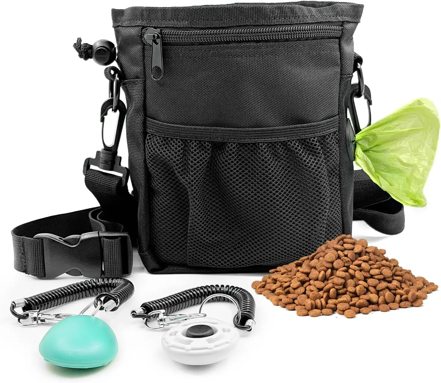 

Hands-Free Dog Treat Pouch with Clicker, Waist Belt Clip, and Built-in Poop Bag Dispenser for Pet Training