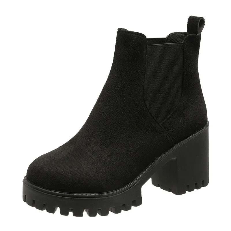 Wiosna Jesień Kobiety Zamszowe Botki Moda Slip on Casual Short Booties Kobiece Grube Buty na Wysokim Obcasie Czarny Bota Feminina