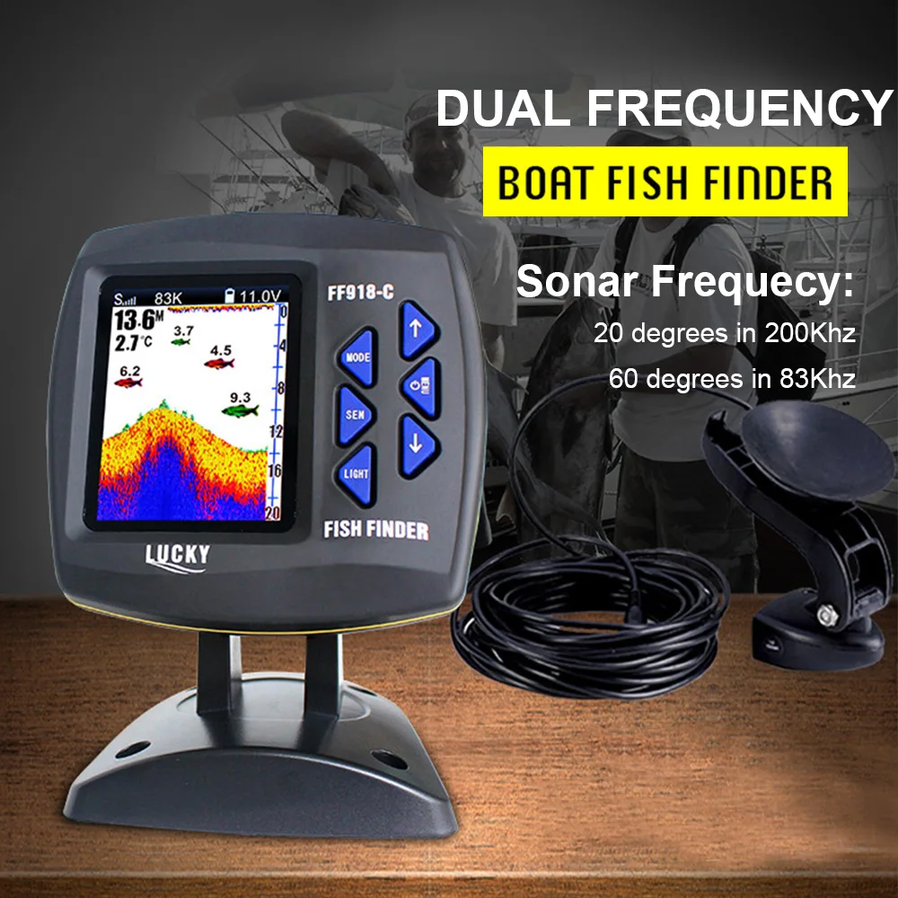 LUCKY FF918-C100DS Color Screen Wired Fish Finder Dual Frequency 328ft/100m Water Depth Boat Fish Finder