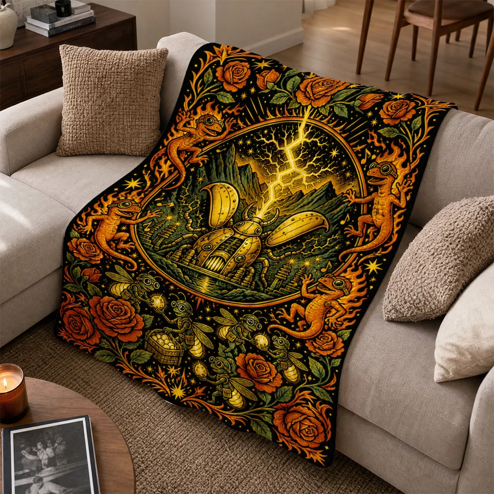Luxury Gothic Dragon Floral Print Throw Blanket for Sofa Couch Decor Bohemian Fantasy Tapestry Accent Home Art
