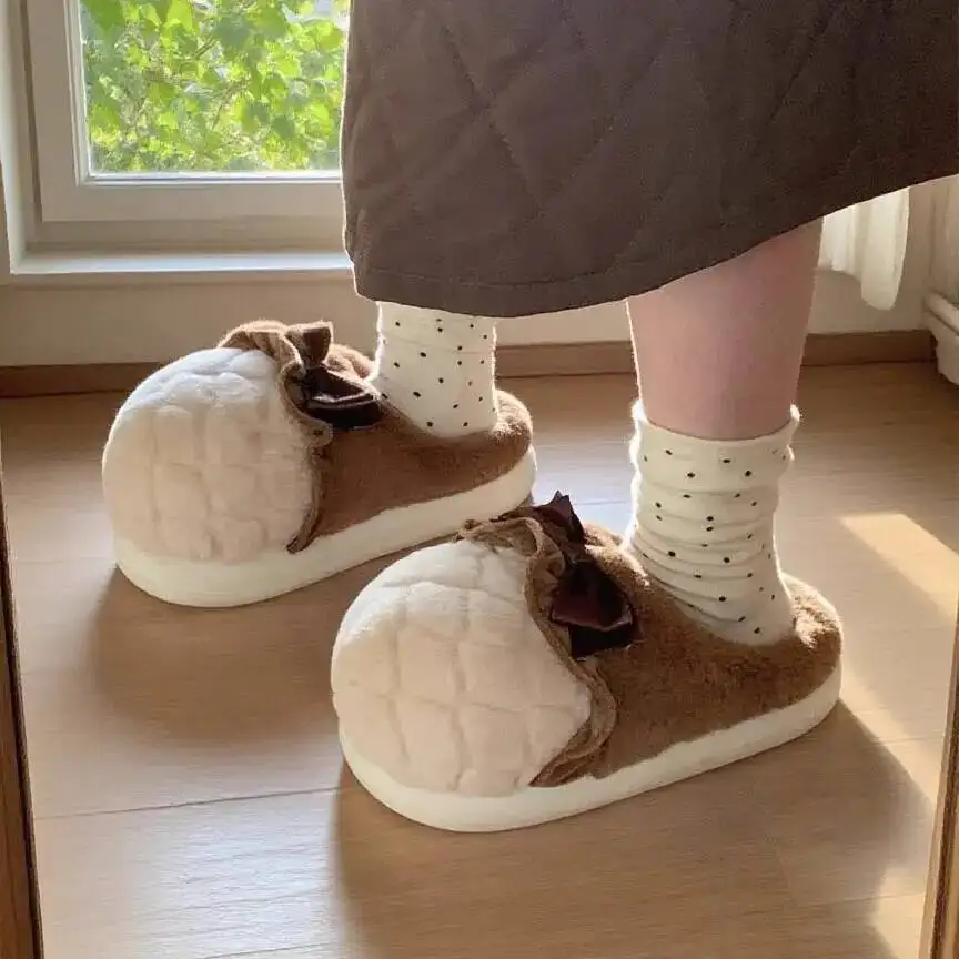 

Women's Home Slippers Winter Girlish Bow & Ice Cream Design Sweet Fleece Warm Indoor Household Slippers