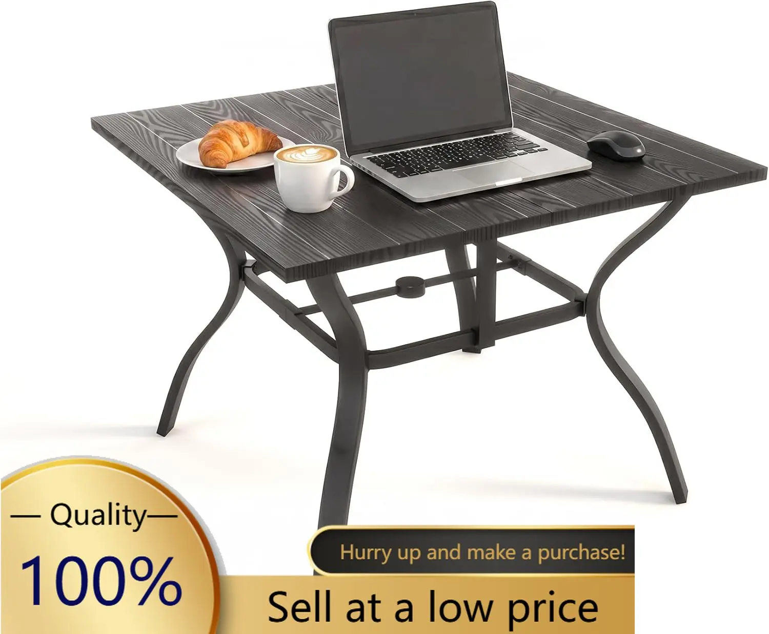Square Patio Dining Table Metal All Weather Umbrella Hole Garden Lawn Party Use 37 8 Inch Black