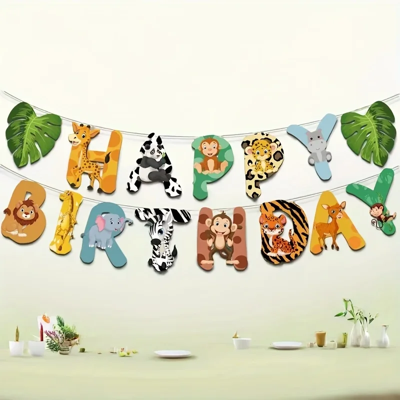 Juego de pancarta de papel para fiesta de Safari en la jungla, guirnalda de animales vibrantes con letras "Feliz cumpleaños", decoraciones para fiesta de cumpleaños, 15 Uds.