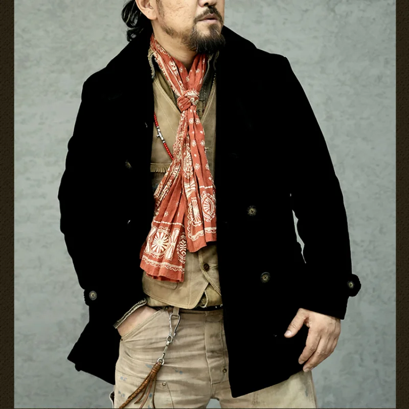 Men\'s Pea Coat Corduroy Mid-Length Heavyweight Double-breasted Black Military Safari Sack Suit Autumn Winter Vintage Jacket