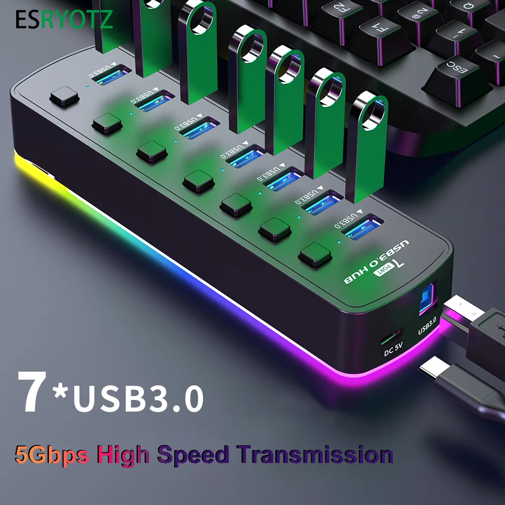 

7 In 1 RGB Desktop Switch USB Hub 3 0 Adapter Splitter blinky led 5Gbps High Speed Charging led Indicator For Pc Laptop Macbook