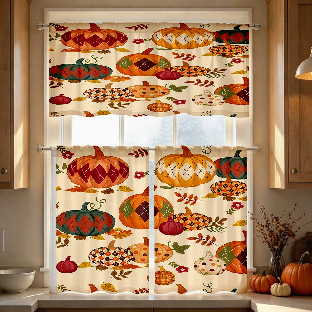 Thanksgiving Fall Kitchen Curtains, Argyle Pumpkin Leaf, Digital Print, Kitchen Dining Room, Rod Pocket Polyester, Home Decor