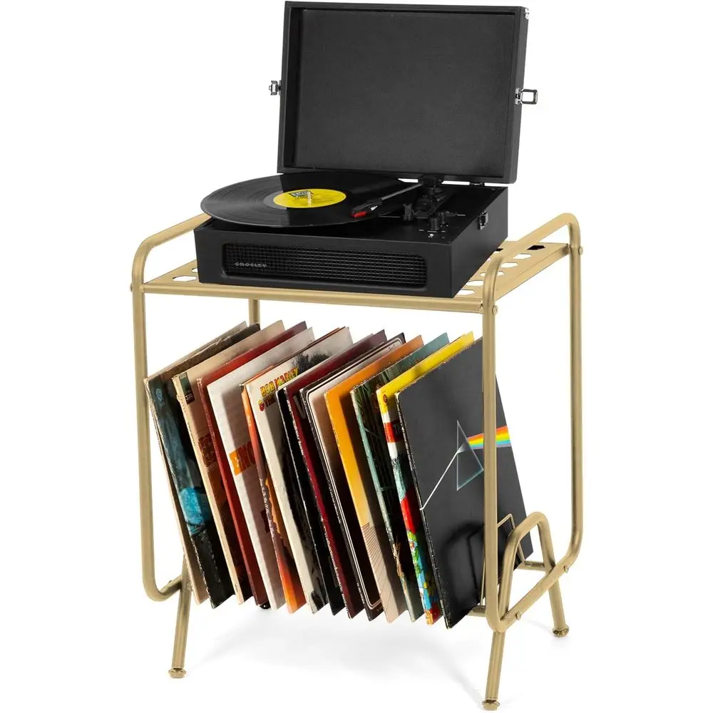 

2-Tier Gold Metal Record Player Stand with 16 Slot Vinyl Record Holder - eycomb Design Turntable Shel with Vinyl Shel