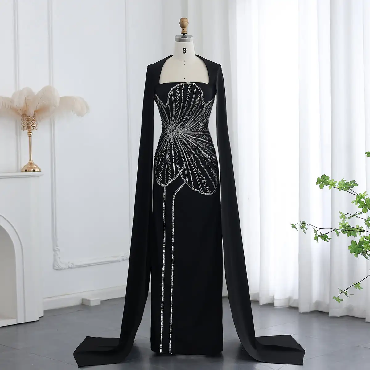 Elegant Black Luxury Beaded Arabic Evening Dress With Cape Sleeves Long Dubai Women Wedding Party Gowns Lsz275