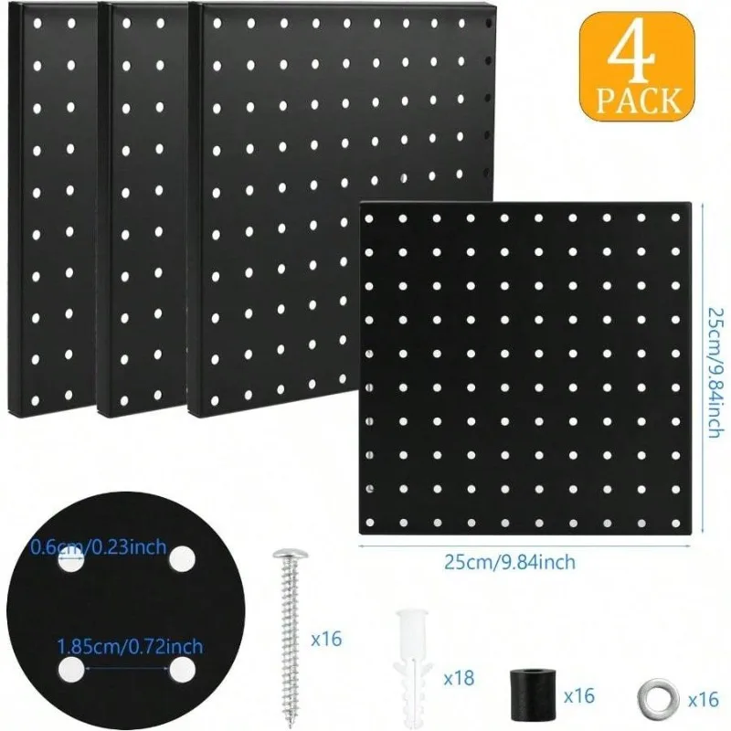 4Pcs Metal Pegboard Wall Organizer Heavy Duty Black Peg Board Panels Garage Workshop Craft Room Storage Display Accessories
