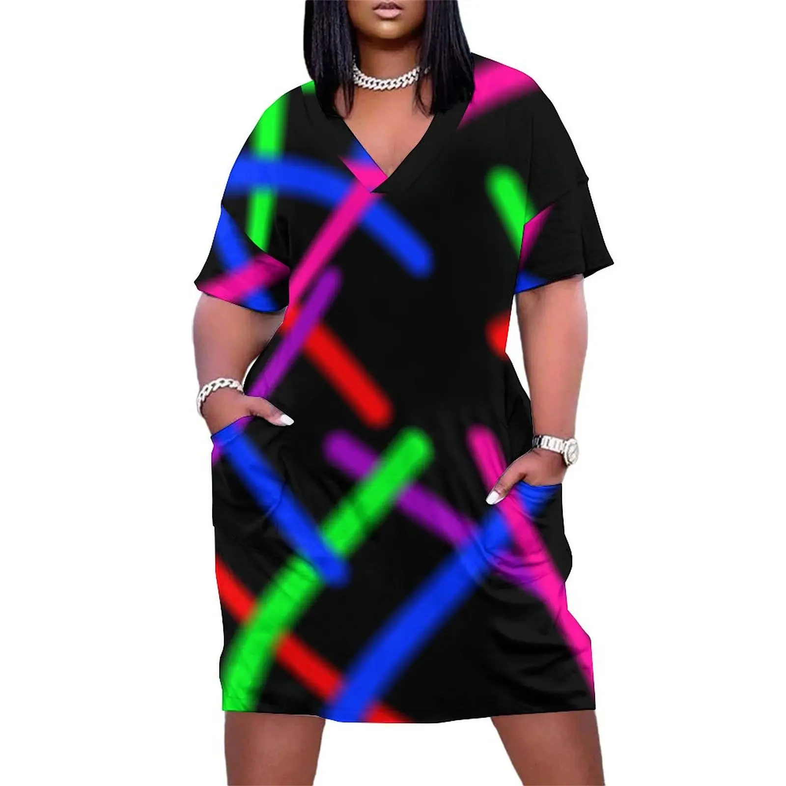 

1980s Rainbow Neon Glowing Laser Beams, Single Image Version Loose Pocket Dress womens clothing Elegant gowns