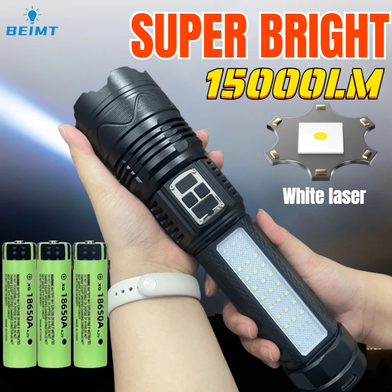 15000LM White Laser Flashlight 9 Modes Power Bank Powerful Telescopic Zoom Torch Rechargeable Home Ooutdoor Camping Lantern