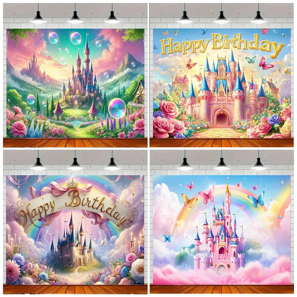 

Dreamy Princess Castle Birthday Party Decorations Background Banner Colorful Flowers Photography Backdrop Baby Shower Supplies