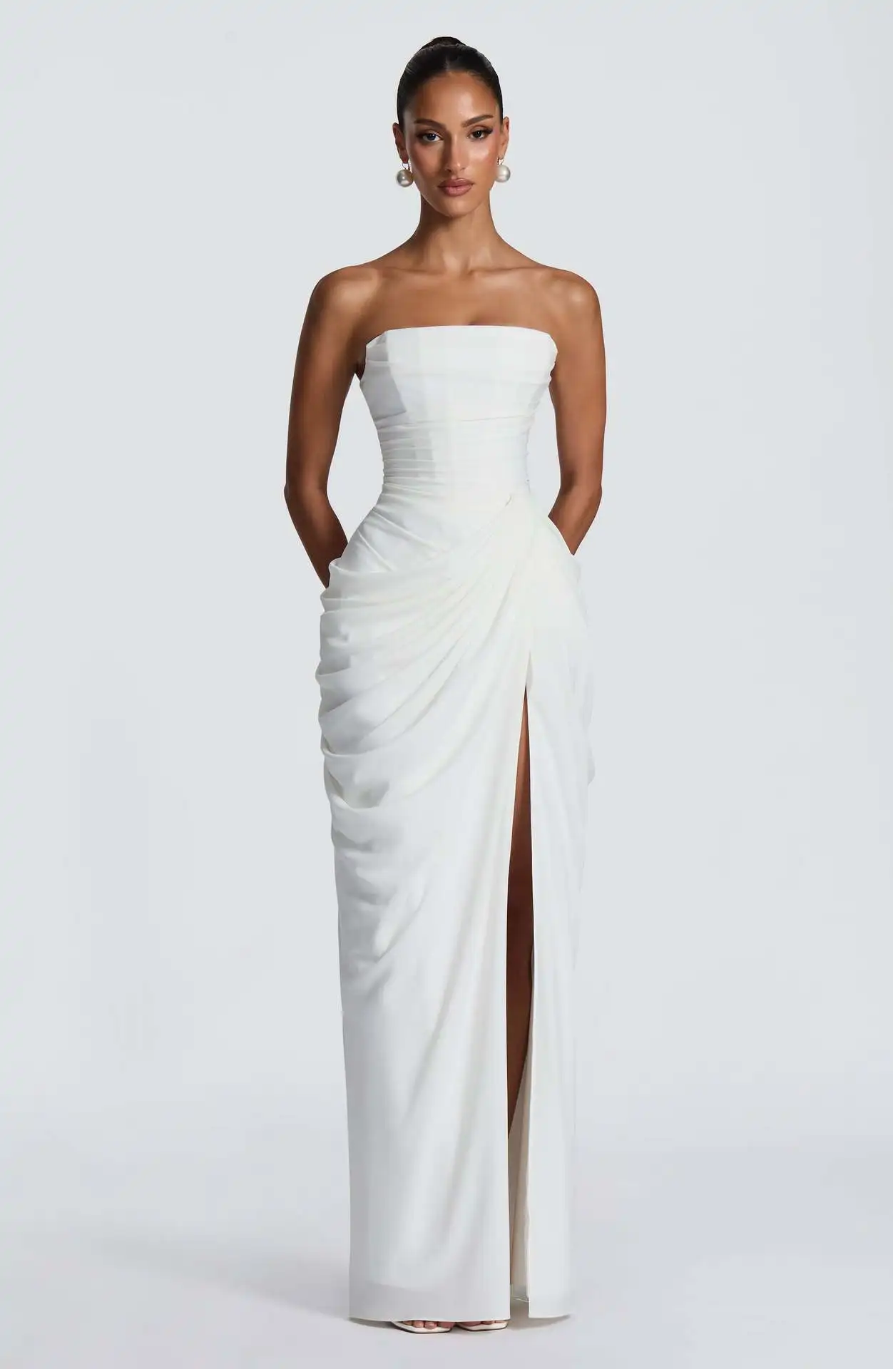 Onregelmatige geplooide split gele strapless jurk dames elegante mouwloze rugloze hoge taille feestjurk nieuwe dame date baljurk - afbeelding 1