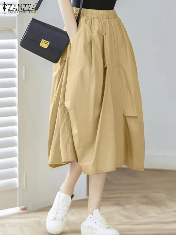 ZANZEA Casual Streetwear Faldas por debajo de la rodilla moda Mujer cintura elástica drapeado Jupes Mujer 2025 verano Color sólido A-line Faldas Mujer