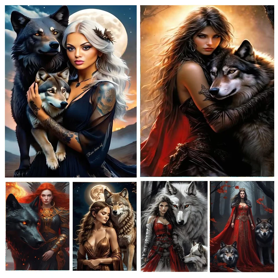 New Diamond Painting Cross Stitch Woman and Wolf Full Square 5D DIY Diamond Embroidery Mosaic Set Crafts Home Decoration Gift