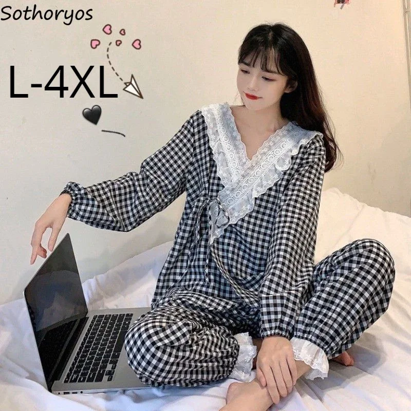 

Pajama Sets Women Sleepwear Plaid Lace Full Length Long Sleeve Patchwork Sweet L-4XL Loose Autumn Ins Home Female Preppy Lovely