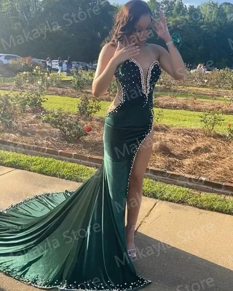 Groen Fluwelen Sexy Prom Dresses Strapless Kristallen Sparkly Hoge Split Plus Size Vrouwen Lange Avond Partij Jassen Custom Made