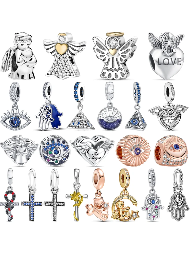 925 Sterling Silver Anjo Asas Do Coração Pingente, Olho Azul Cruz, Amor Beads, Fits Original Pandora