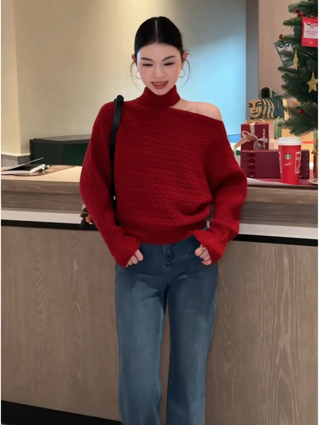 

Irregular Loose Knitted Base irt Women's Autumn Winter Slimming Top Inner Wear Red Hanging Ne Twisted Knitwear Korean Sle