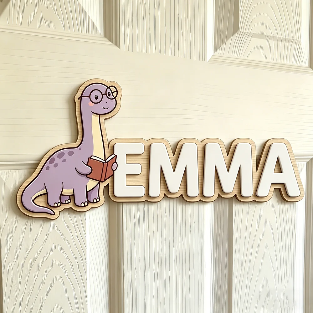 Whimsical Nerdy Dinosaur Custom Name Plaque for The Dearest Baby, Unisex Study-Themed Nursery Decor view 5