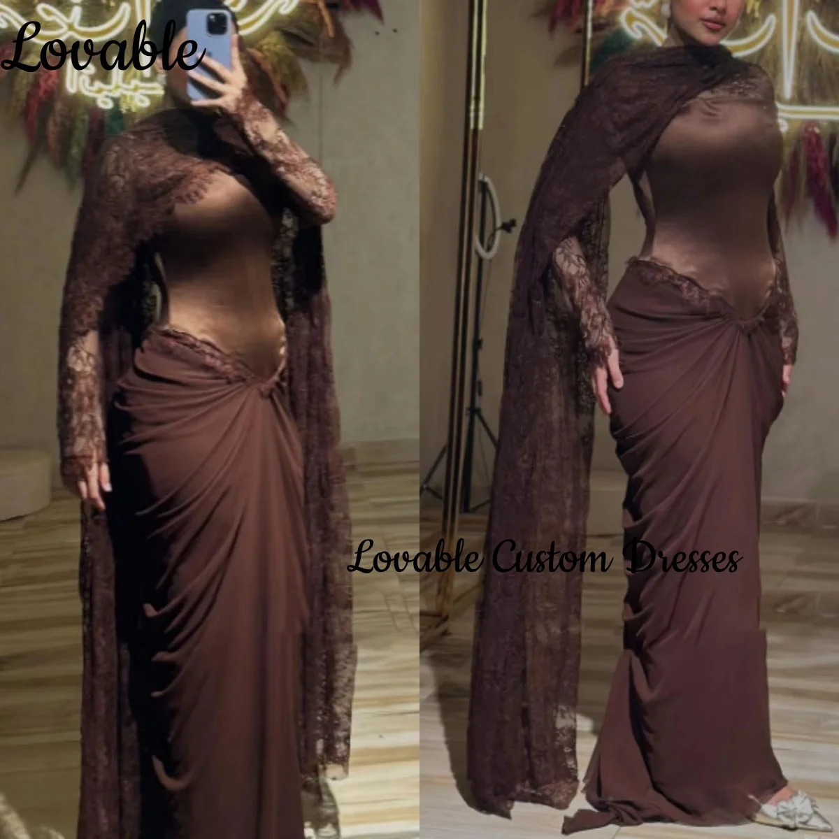 Vestido de fiesta de boda de Dubái, vestido de encaje acampanado con escote redondo personalizado, elegante vestido de lujo hasta el suelo con cremallera y mangas largas