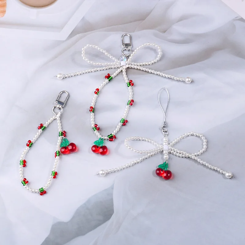 Cute Red Cherry Rice Beads Keychains Keyring For Women Gift New Simple Fruit Pendant Bag Car Key Airpods Box Phone Chain Jewelry