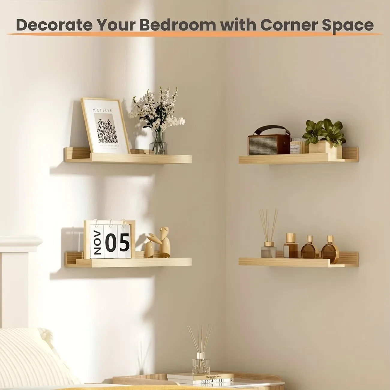 Rustic Wood Floating Wall Shelves, 2 Sizes Available, Wall Mounted Storage Display Rack for Living Room Bedroom Bathroom Kitchen