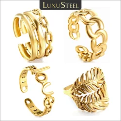 LUXUSTEEL Stainless Steel Open Ring for Women Girl Golden Color Pig Nose Cuban Link Finger Rings Statement Fashion Party Jewelry