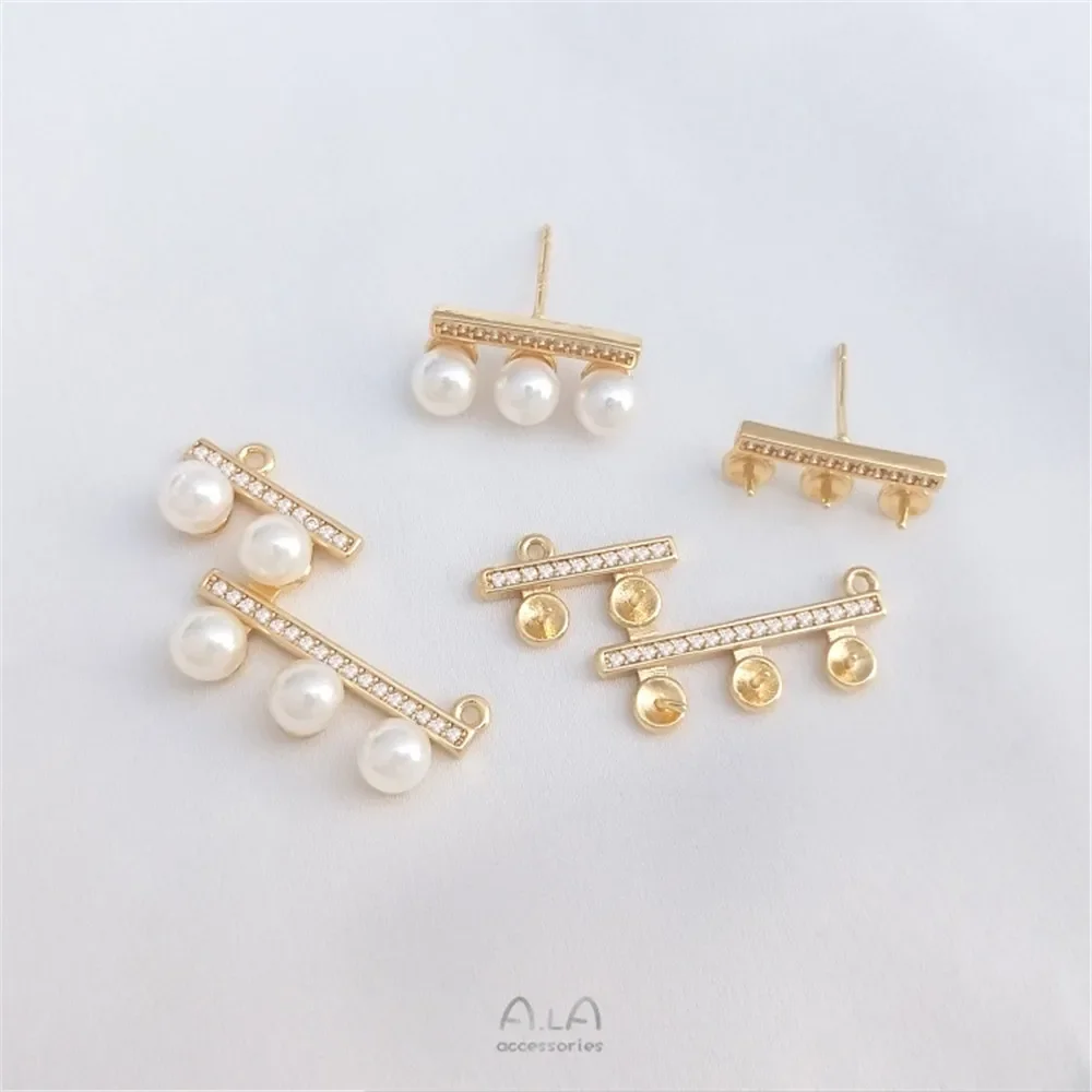 Micro-set zirconia 14K gold covered flat horizontal wooden bead holder silver pin earrings empty holder necklace pendant diy set