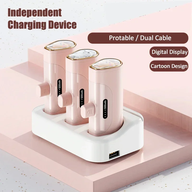 Cartoon Power Bank 5000mAh Built in Cable Mini PowerBank External Battery Portable Charger For iPhone Xiaomi Spare Power Banks