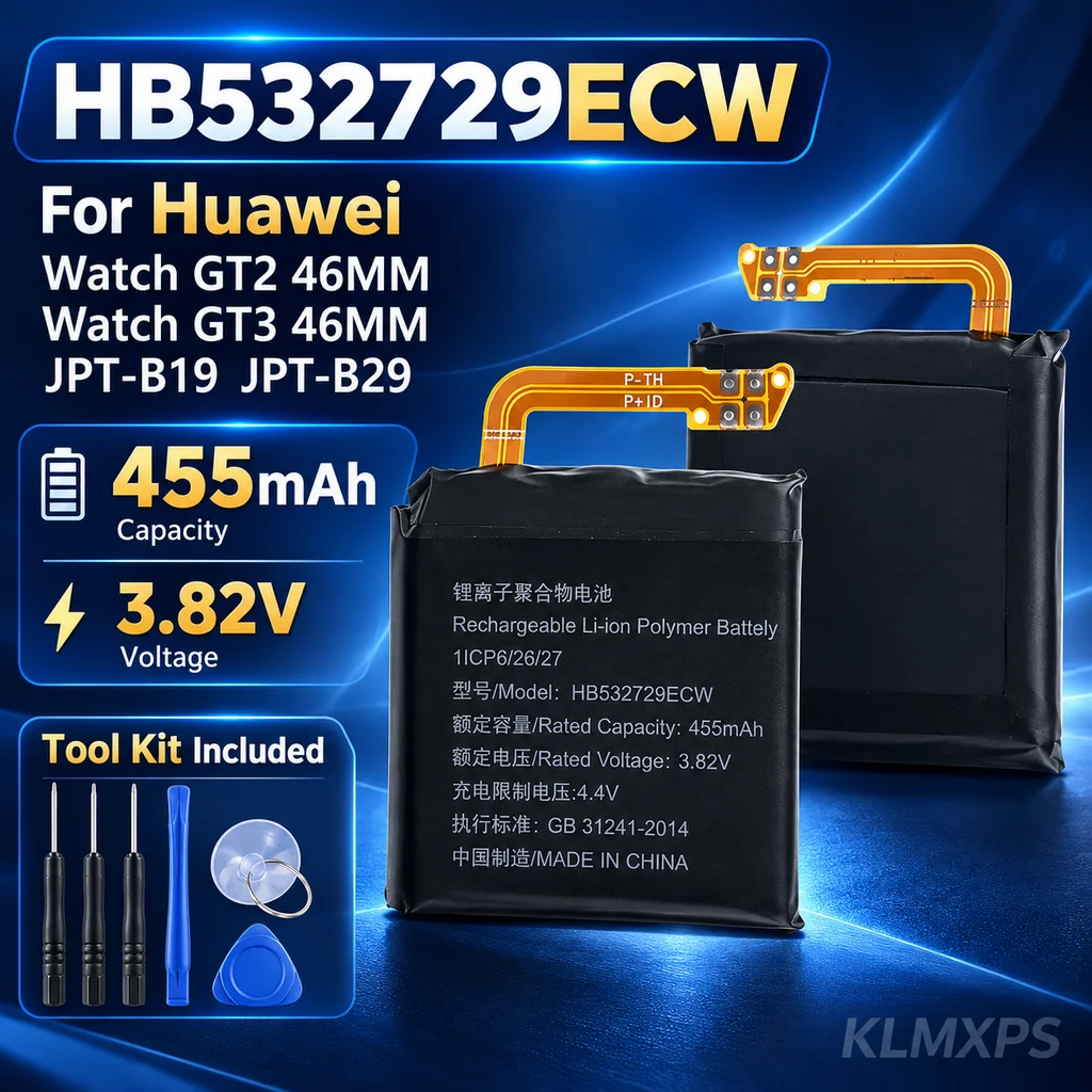 Replacement Watch Battery For Huawei Watch GT3 46MM GT2 46MM HB532729ECW 455mAh JPT-B29 JPT-B19 With Free Repair Tools Included