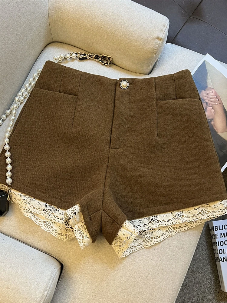 

High Waist Lace Patchwork Woolen ort Pants Autumn Winter New Sle Slimming Wide Leg Casual Trousers for plus Size Women