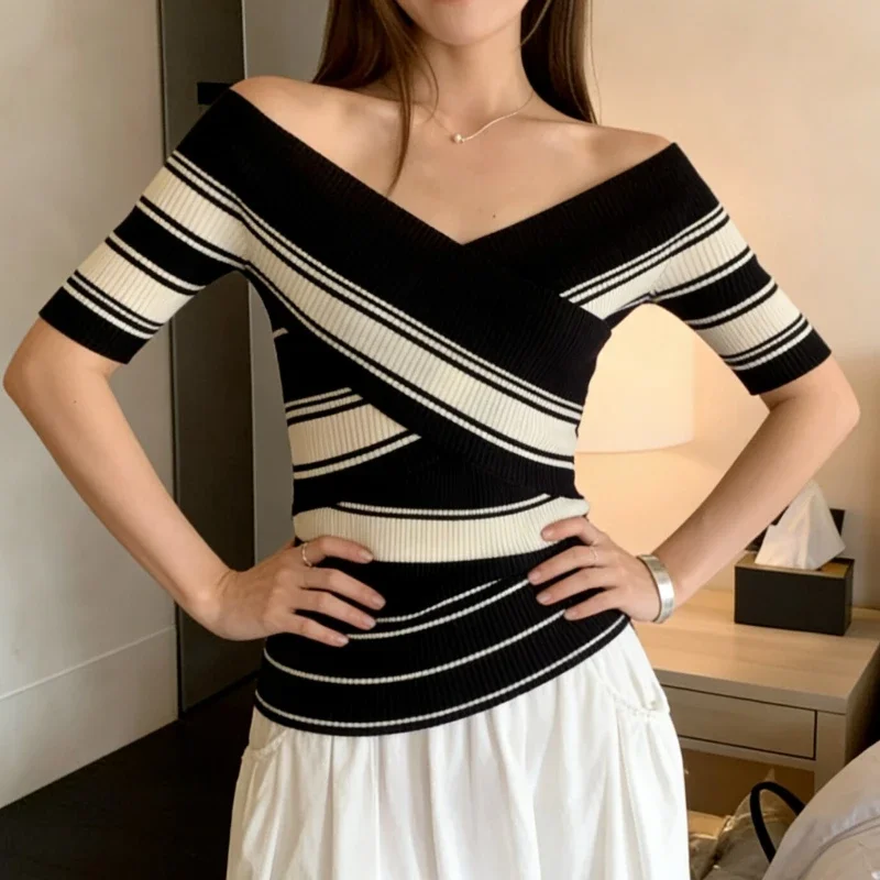 Women Off the Shoulder Ribbed Knit Top Crisscross Wrap Tshirt Front Striped Sweater Fitted Pullovers Tops
