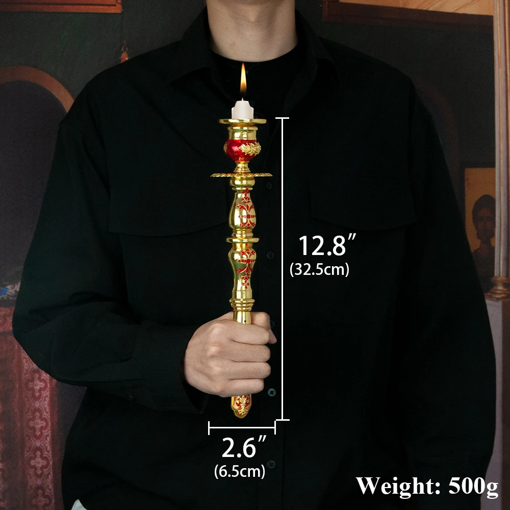 

Orthodox Christian Handheld Candle Holder Gold - Plated Metal with Intricate Engravings and Enamel Accents Liturgical Religious